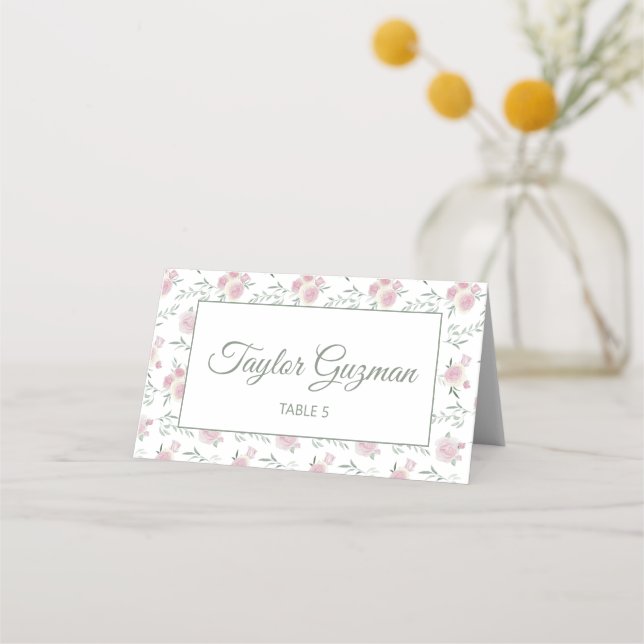 Green Text Floral Pattern Folded Place Card (Front)
