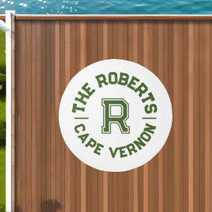 Green text simple custom monogram name location outdoor rug