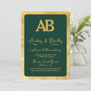 Green Texture Gold Frame 2 Letter Monogram Wedding Invitation
