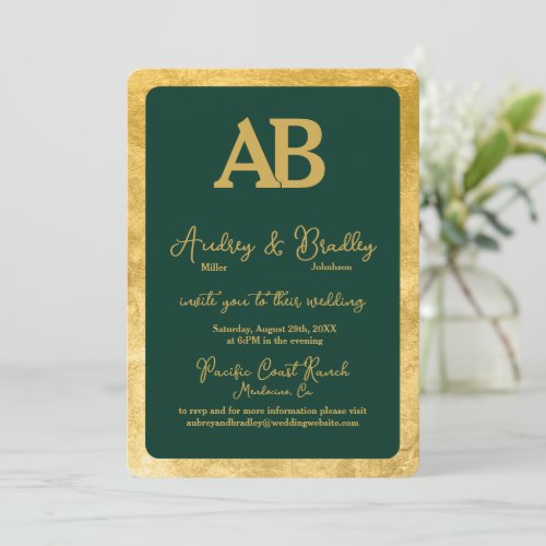 Green Texture Gold Frame 2 Letter Monogram Wedding Invitation