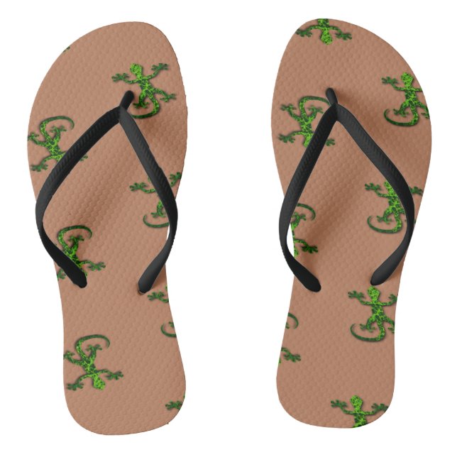 Green textured lizards on brown flip flops (Footbed)