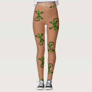 Green textured lizards on brown leggings