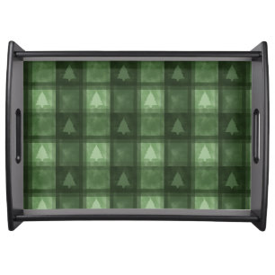 Green Textured Plaid Pattern And Trees Christmas Serving Tray