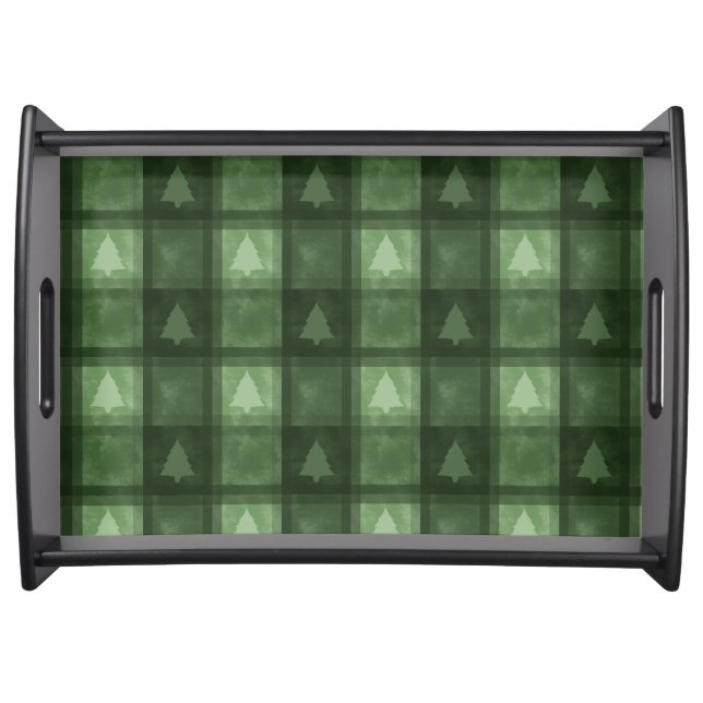 Green Textured Plaid Pattern And Trees Christmas Serving Tray (Front)