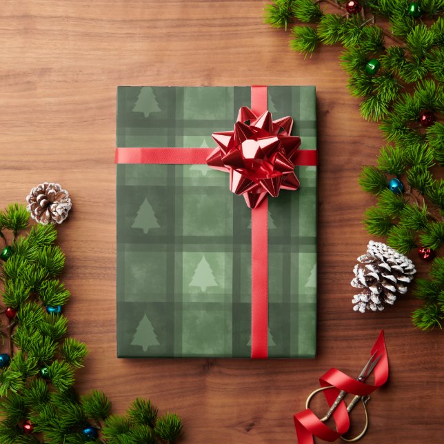 Green Textured Plaid With Fir Trees Christmas Wrapping Paper (Holiday Gift)