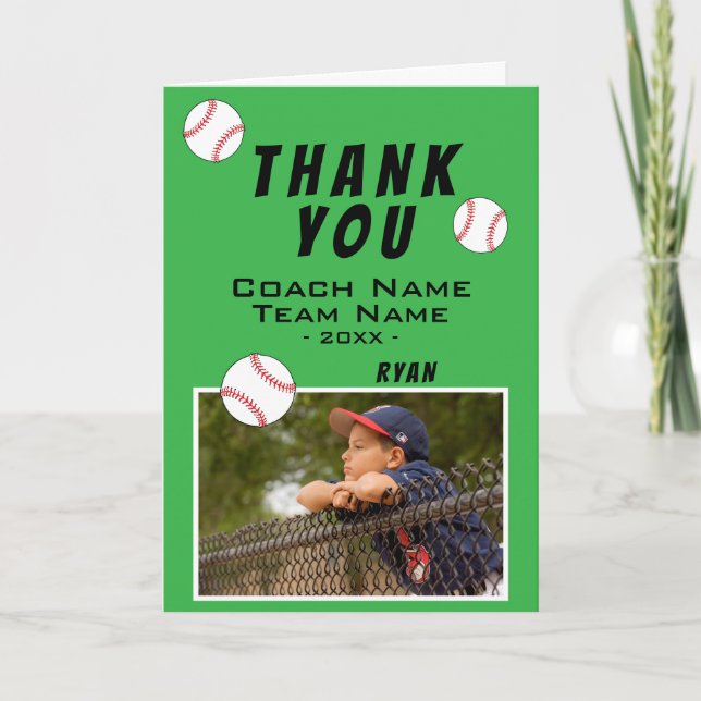 Green Thank you Coach Baseball Ball Photo Card (Front)
