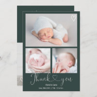 Green thank you script heart 4 photos baby birth announcement