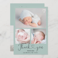 Green thank you script heart 4 photos baby birth announcement