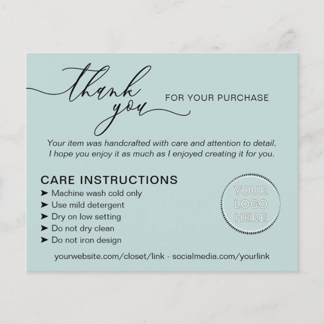 Green Thank you Washing Tips Care Instruction Flyer