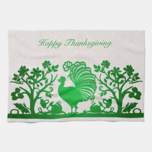Green Thanksgiving Turkey Floral Kitchen Towel