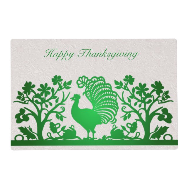 Green Thanksgiving Turkey Floral Paper Placemat (Front)