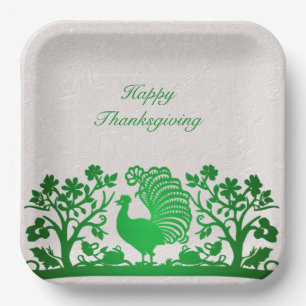 Green Thanksgiving Turkey Floral Paper Plate