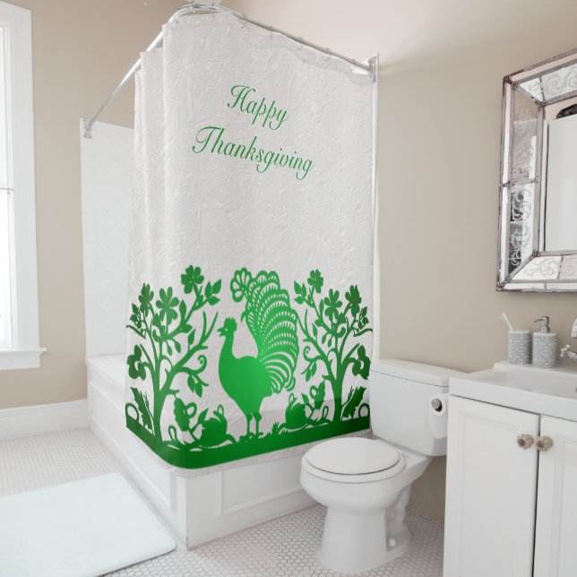 Green Thanksgiving Turkey Floral Shower Curtain (In Situ)