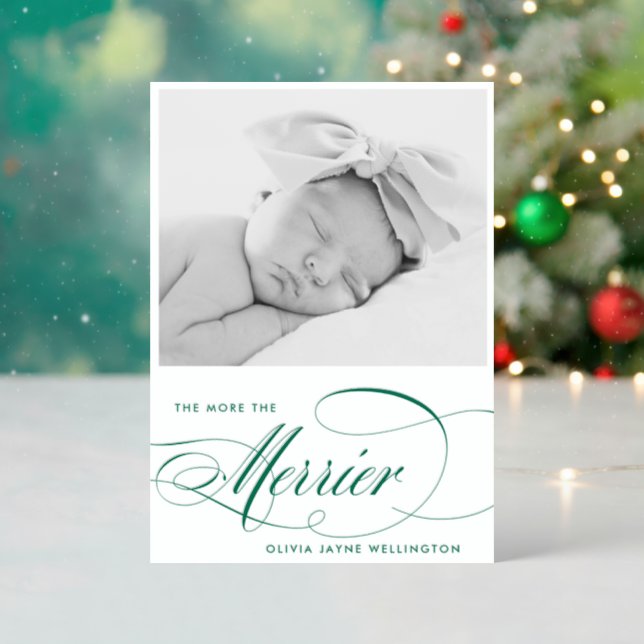 Green The More The Merrier Holiday Birth Letterpress Photo Cards (Front (Into))