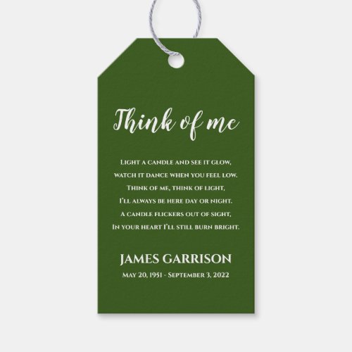 Green Think Of Me Celebration of Life Candle Gift Tags