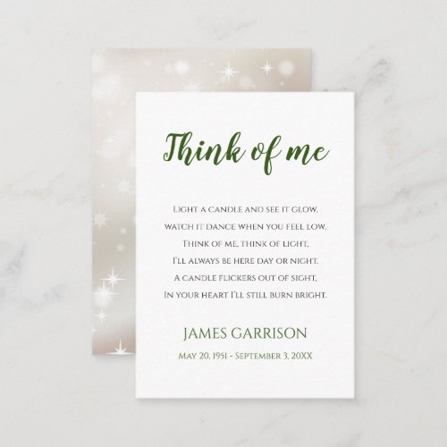 Green Think Of Me Celebration of Life Candle Place Card
