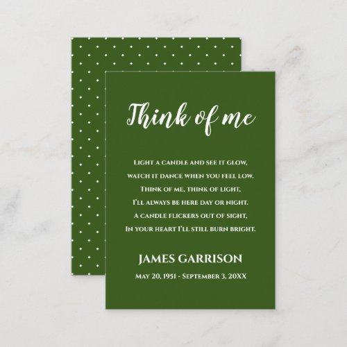 Green Think Of Me Celebration of Life Candle Place Card