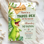 Green Three Rex On The Loose Third Birthday Invitation<br><div class="desc">Green Dinosaur Theme Third Birthday,  Green Three Rex Third Birthday,  Green T-rex Theme Third Birthday,  Green Arch Prehistoric Theme Birthday,  Three Rex On The Loose,  Wild Dinosaur Threerex Third Birthday,  Green Prehistoric Third Birthday Invitation, </div>