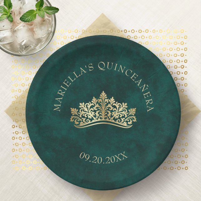 Green Tiara Crown Elegant Quinceanera Paper Plates (Creator Uploaded)