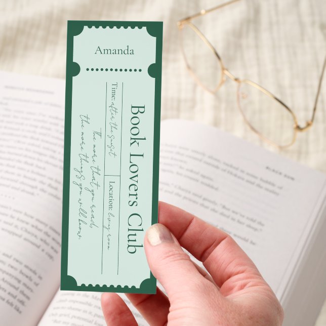 Green Ticket Book Lover's Club Personalized Bookmarks (Hand)