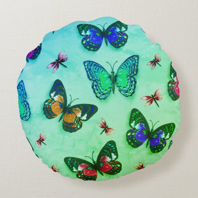Green Tie-Dye Butterfly Print Round Pillow (Back)