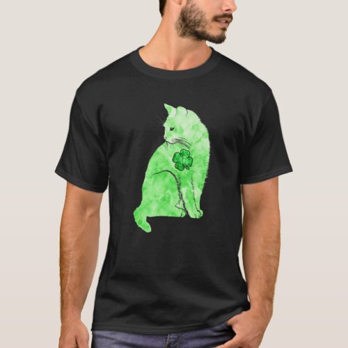 Green Tie Dye Cat Shamrocks St Patricks Day Lucky T_Shirt