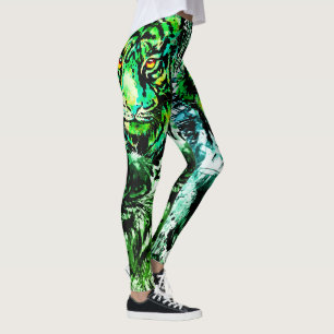 Green Tiger Head Drawing Cute Tiger Leggings