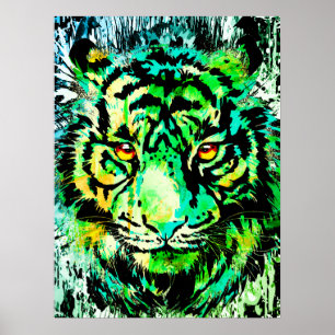 Green Tiger Head Drawing - Tiger Poster Print