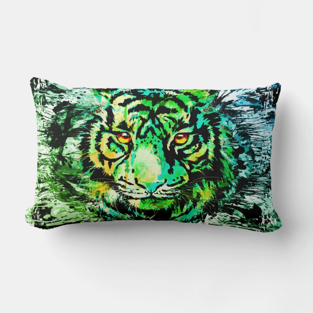 Green Tiger Head | Tiger Drawing Lumbar Pillow (Front)