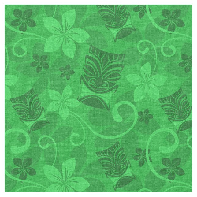 Green Tiki Masks Hawaiian Fabric (Close Up)