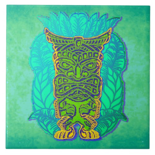 Green Tiki on Turqoise Grungy Background Ceramic Tile