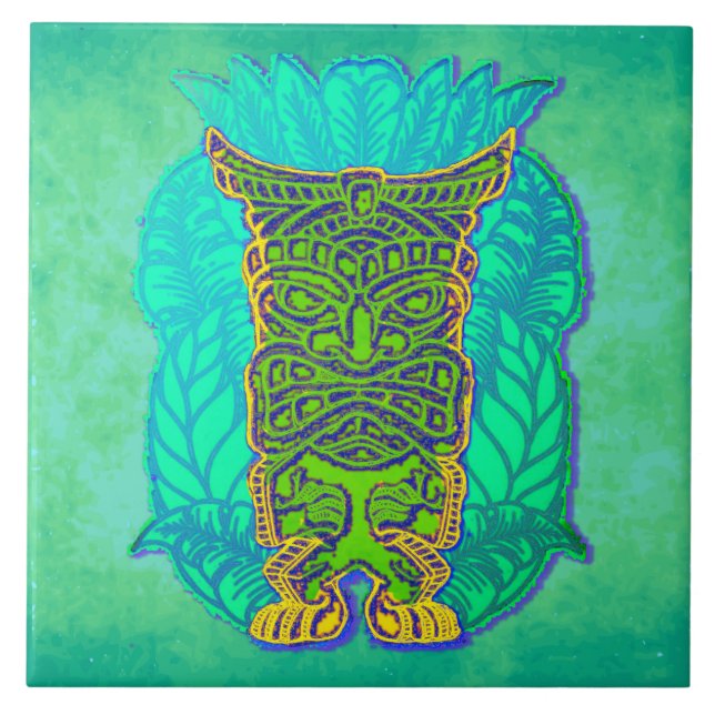 Green Tiki on Turqoise Grungy Background Ceramic Tile (Front)