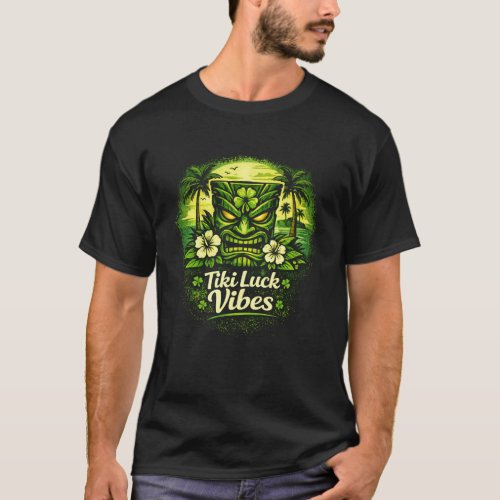 Green Tiki Vibes Shamrock Tiki Mask Tropical Hawai T-Shirt