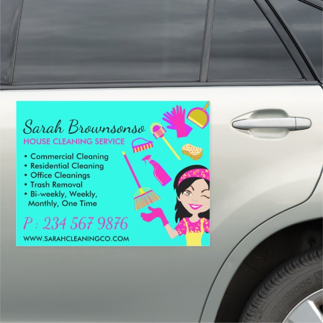 Green Tile Pattern Lady Cleaning Maid Services Car Magnet (In Situ)