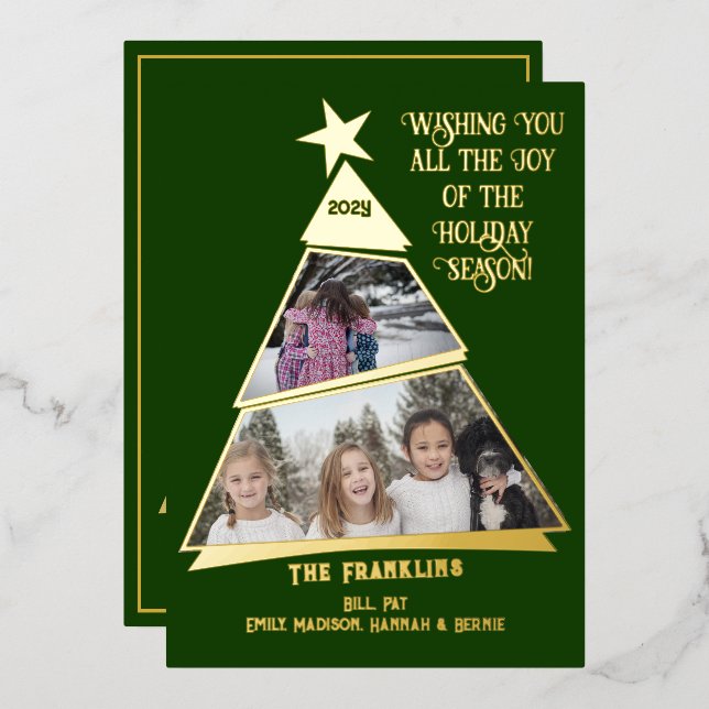 Green Tilted Tree Fun and Modern Photo  Foil Holiday Card (Front/Back)