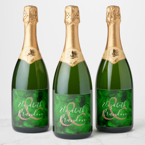 Green to Black Painted Watercolor Swirls Sparkling Wine Label