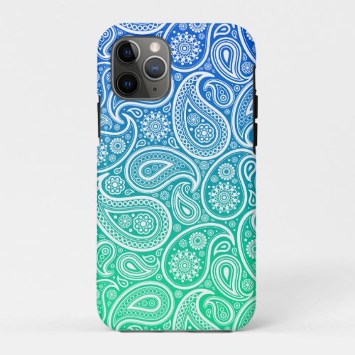 Green to blue ombre white paisley iPhone 11 pro case