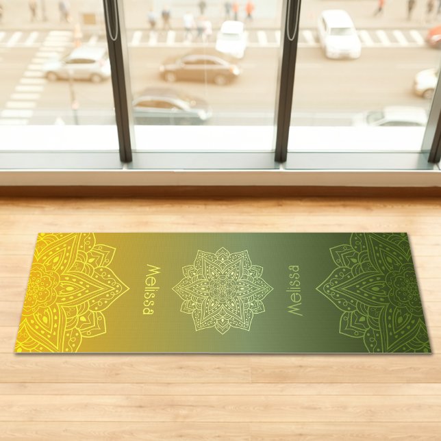 Green To Yellow Gradient Mandala With Name Yoga Mat (Disclaimer: This image is a digital mockup.)