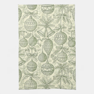 Green Toile Christmas Bells & Ornaments Pattern 2 Kitchen Towel