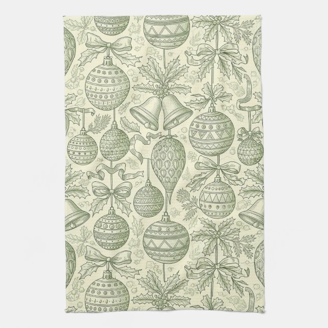 Green Toile Christmas Bells & Ornaments Pattern 2 Kitchen Towel (Vertical)