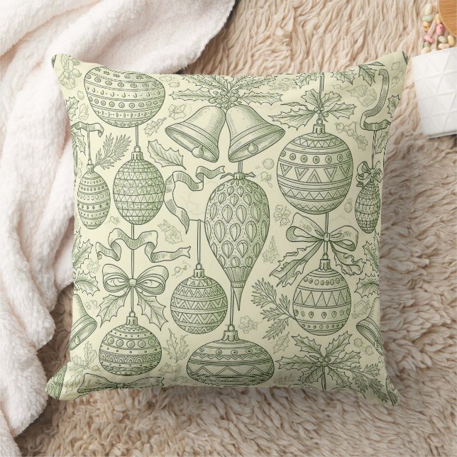 Green Toile Christmas Bells & Ornaments Pattern 2 Throw Pillow (Blanket)