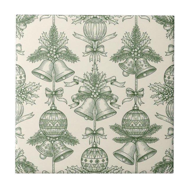 Green Toile Christmas Bells & Ornaments Pattern Ceramic Tile (Front)