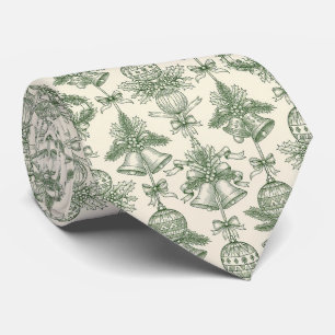 Green Toile Christmas Bells & Ornaments Pattern Neck Tie