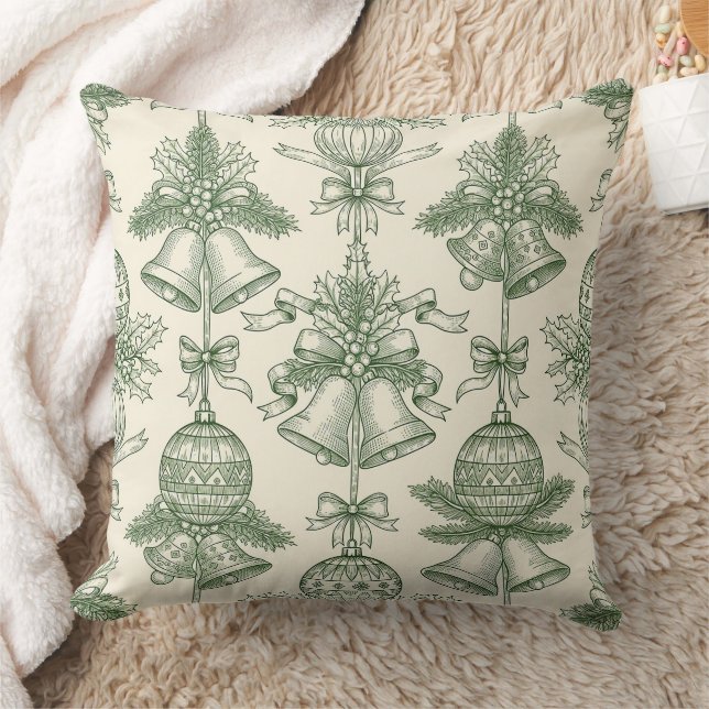 Green Toile Christmas Bells & Ornaments Pattern Throw Pillow (Blanket)
