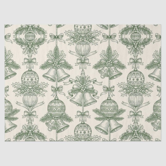 Green Toile Christmas Bells & Ornaments Pattern Tissue Paper (Front)