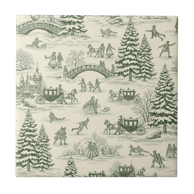 Green Toile Christmas Sleigh Ride Pattern (3) Ceramic Tile (Front)