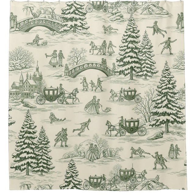 Green Toile Christmas Sleigh Ride Pattern (3) Shower Curtain (Front)