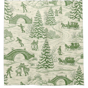 Green Toile Christmas Sleigh Ride Pattern (4) Shower Curtain
