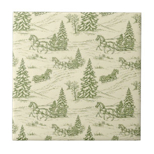 Green Toile Christmas Sleigh Ride Pattern Ceramic Tile