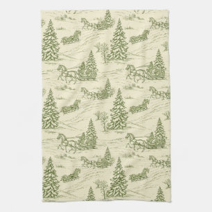 Green Toile Christmas Sleigh Ride Pattern Kitchen Towel